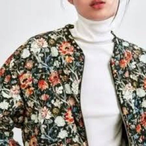 Zara Moody Tinsel Floral Quilted Bomber Jacket L - Picture 6 of 7
